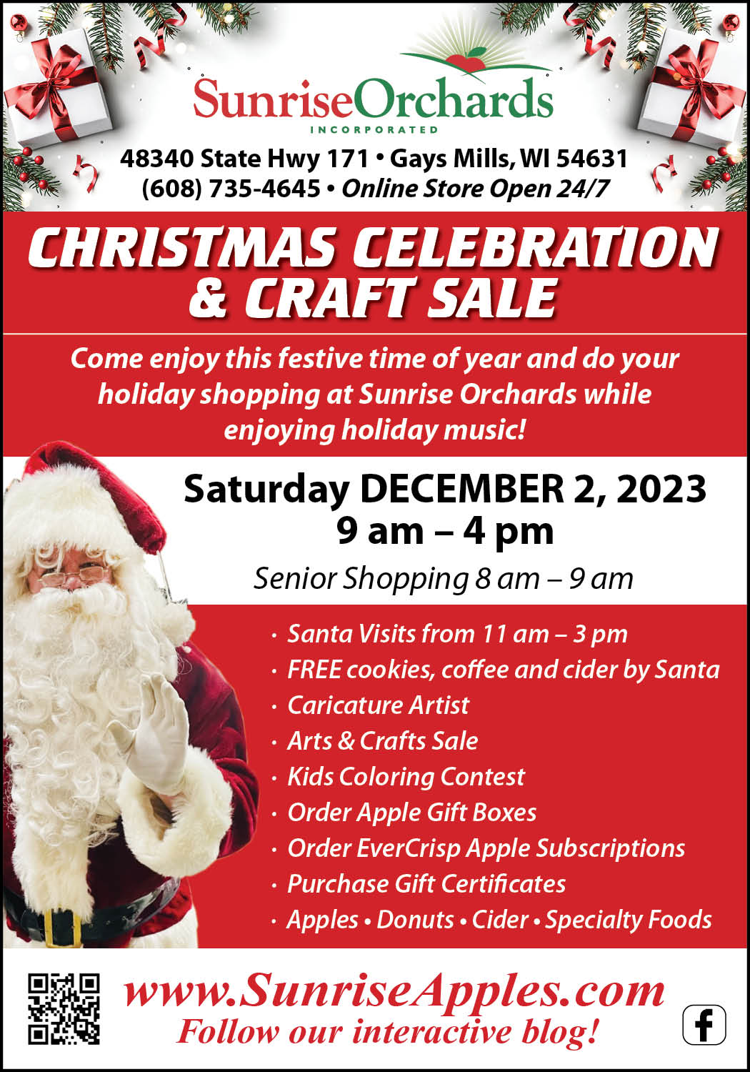 Celebrate Christmas with Santa at Sunrise Orchards Saturday December 2nd!