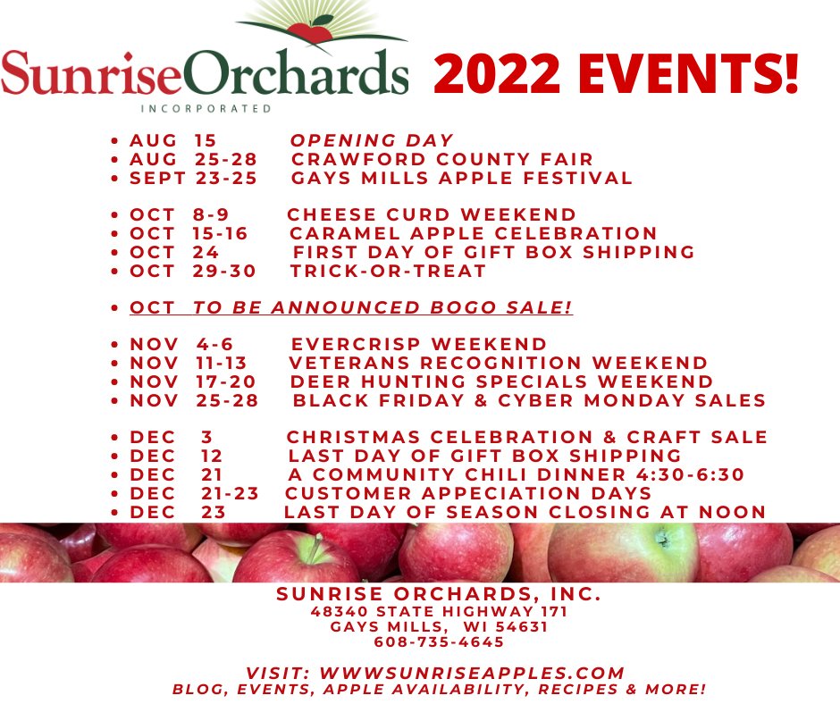 Sunrise Orchards 2022 Events!