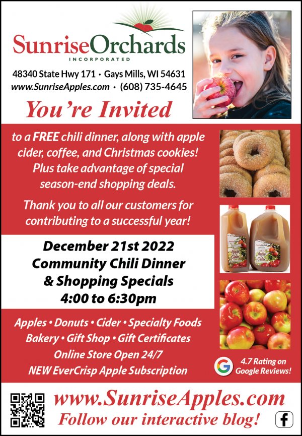 Sunrise Orchards FREE Chili Community Dinner TONIGHT December 21st will start serving at 3 pm due to snow!