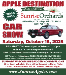 Car Show with a Cause: 9am-2pm, Sunrise Orchards