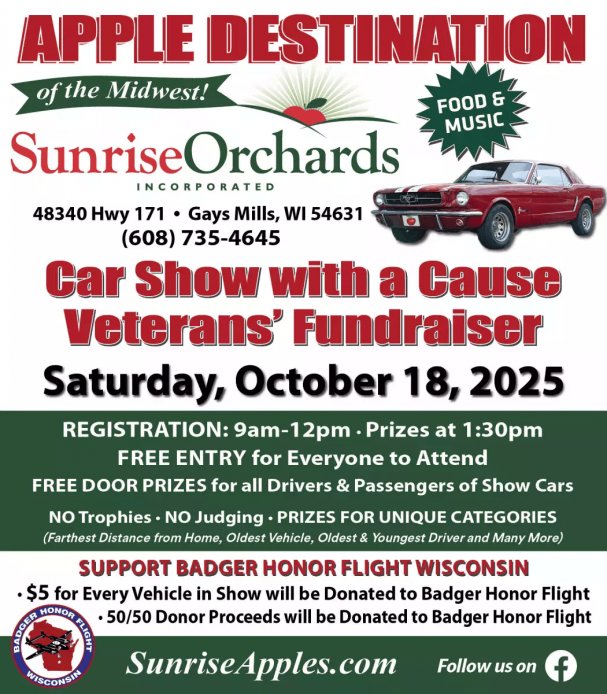 Saturday, Oct. 18:  CAR SHOW WITH A CAUSE + FREE ICE CREAM! 9am-Noon