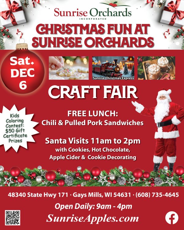 Dec. 6th: Christmas Fun at Sunrise Orchards 9am-4pm  (Main Location Only)