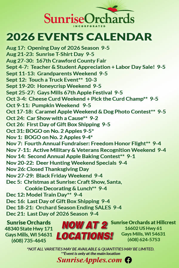 2026 Sunrise Orchards Event Calendar