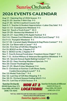 2026 Sunrise Orchards Event Calendar