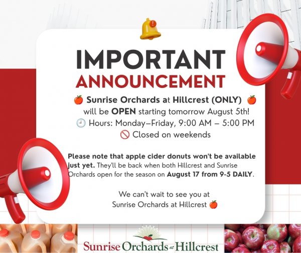 Sunrise Orchards at Hillcrest to Open Early - August 5, 2026