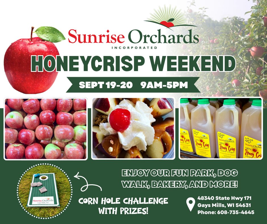 HONEYCRISP WEEKEND Sept 19-20: 9am-5pm